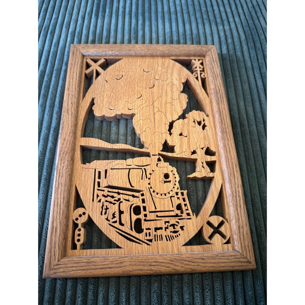 Wooden Framed Scroll‎ Saw Art Steam Train Locomotive Railroad Decor